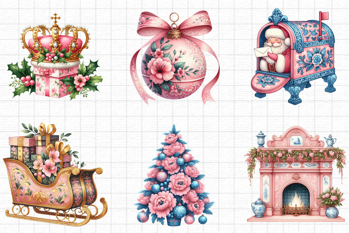 Pink Chinoiserie Christmas Clipart, a Seasonal Illustration by Daily ...
