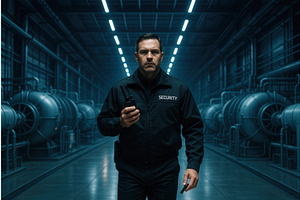 Male security guard holding a walkie, a Person Illustration by Sergey Kotenev