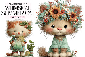 Whimsical Summer Cat Clipart, an Illustration by Daily.Designs