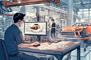 Automotive engineers designing and testing a modern sports car in a workshop, an Illustration by AS photostudio