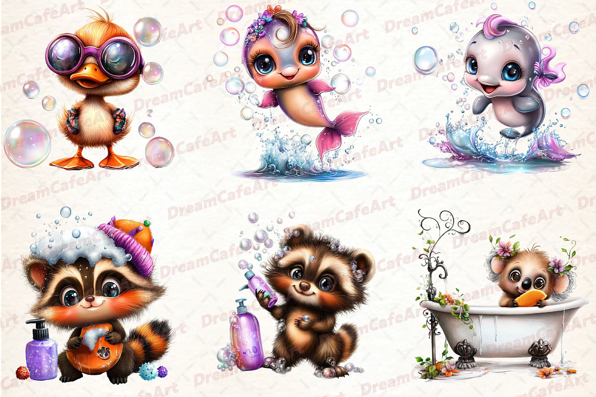 Funny Bath Animal Clipart, an Illustration by DreamCafeArt (Photo 2 of 6)