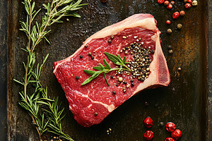 Grilling steak with fresh herbs and colorful spices in a rustic kitchen setting, a Food & Drink Photo by AlyaAnd