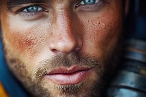 A close-up portrait of a rugged man well testing operator with striking blue ey, a Person Photo by Textures & Backgrounds