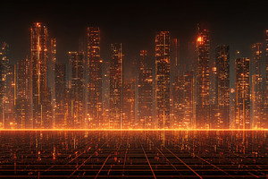 Futuristic Cityscape Glowing Orange, a Photo by Pixeness Studio