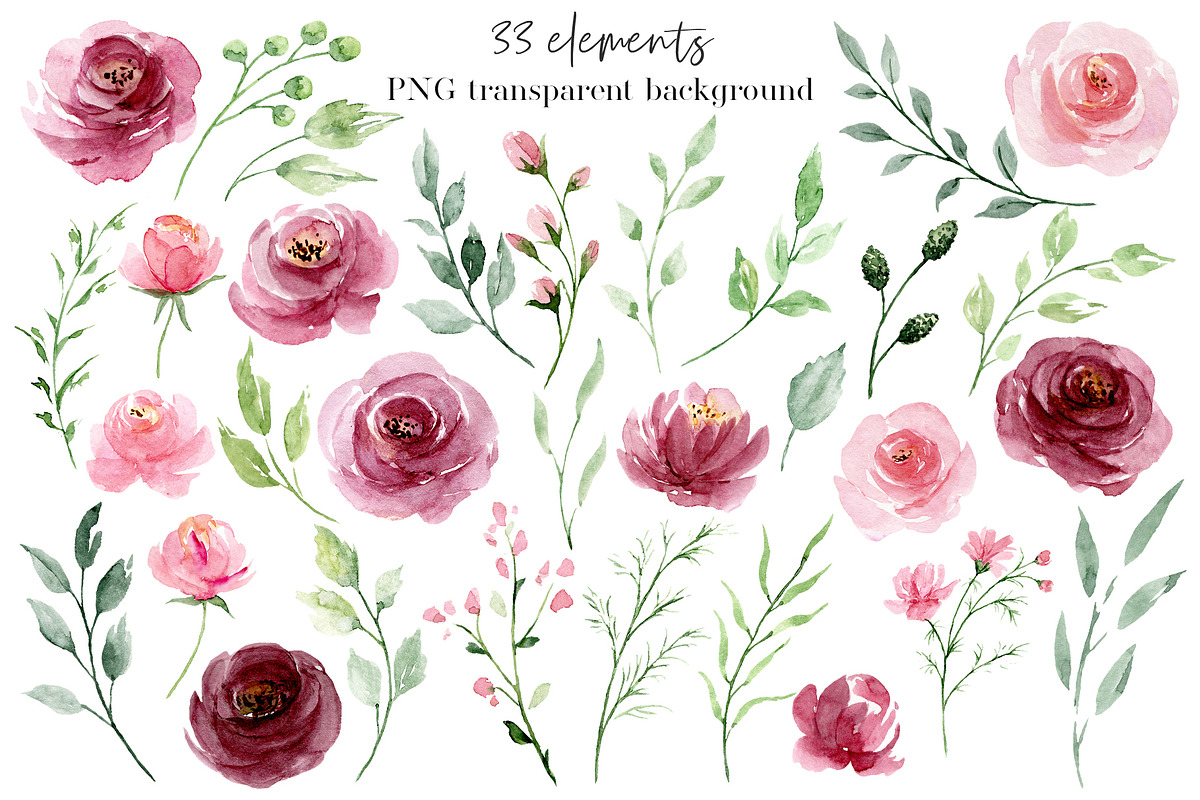 Watercolor flowers Pink & Marsala, an Illustration by Larisa Maslova (Photo 10 of 14)