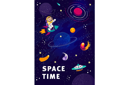 Cartoon spaceman on rocket, an Illustration by Vector Tradition