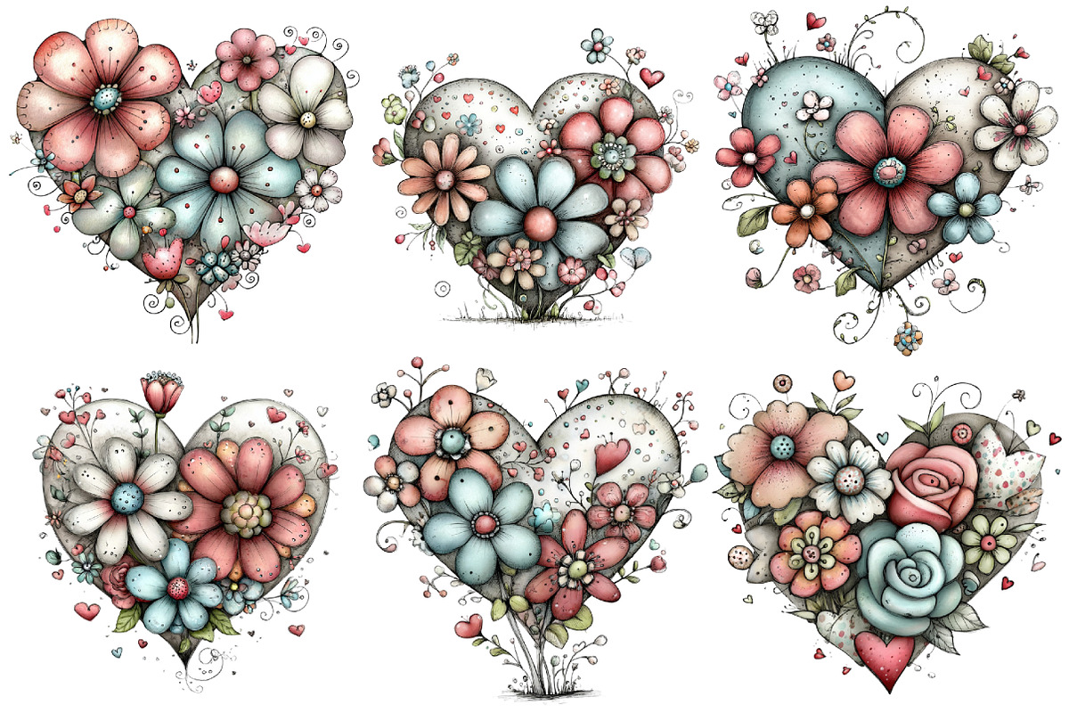 Whimsical Floral Hearts Clipart, an Illustration by Pixels.Craft (Photo 3 of 5)