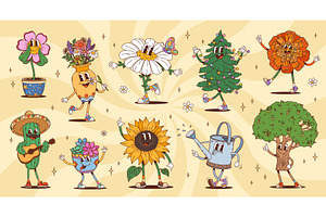 Cartoon groovy plant and flowers, an Object Illustration by Buch&Bee