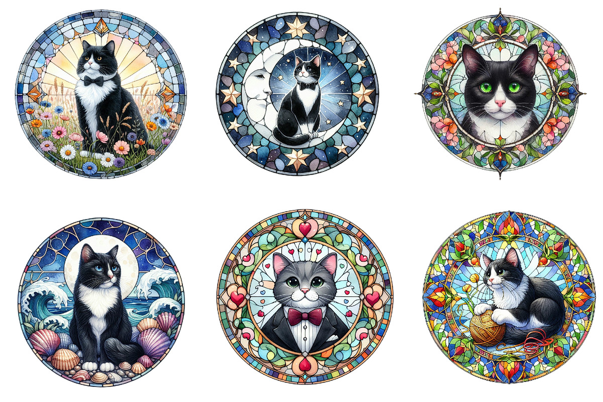 Round Stained Glass Tuxedo Cat Clipa, an Illustration by DreamArtGraphic (Photo 3 of 4)