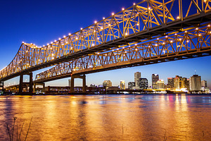 New Orleans City Skyline  & Crescent City Connection Bridge at Night