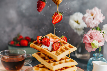 Levitating waffles with strawberries