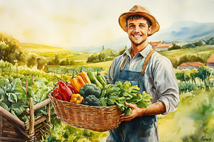 A smiling farmer in a straw hat holds a basket of colorful vegetables, includin, a Person Photo by Textures & Backgrounds