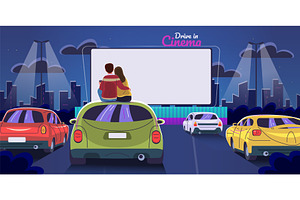 Couple drive movie. Drive-in cinema