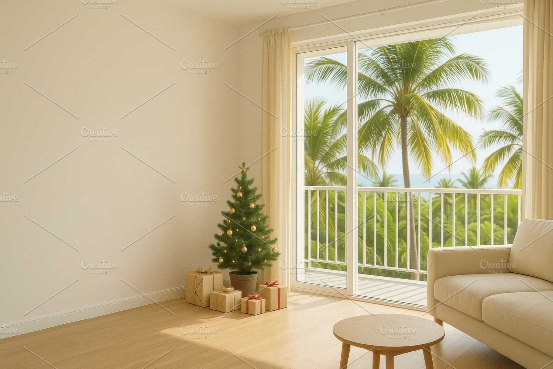 Christmas tree with gifts near window overlooking tropical palm, a Photo by Dvoevnore photos