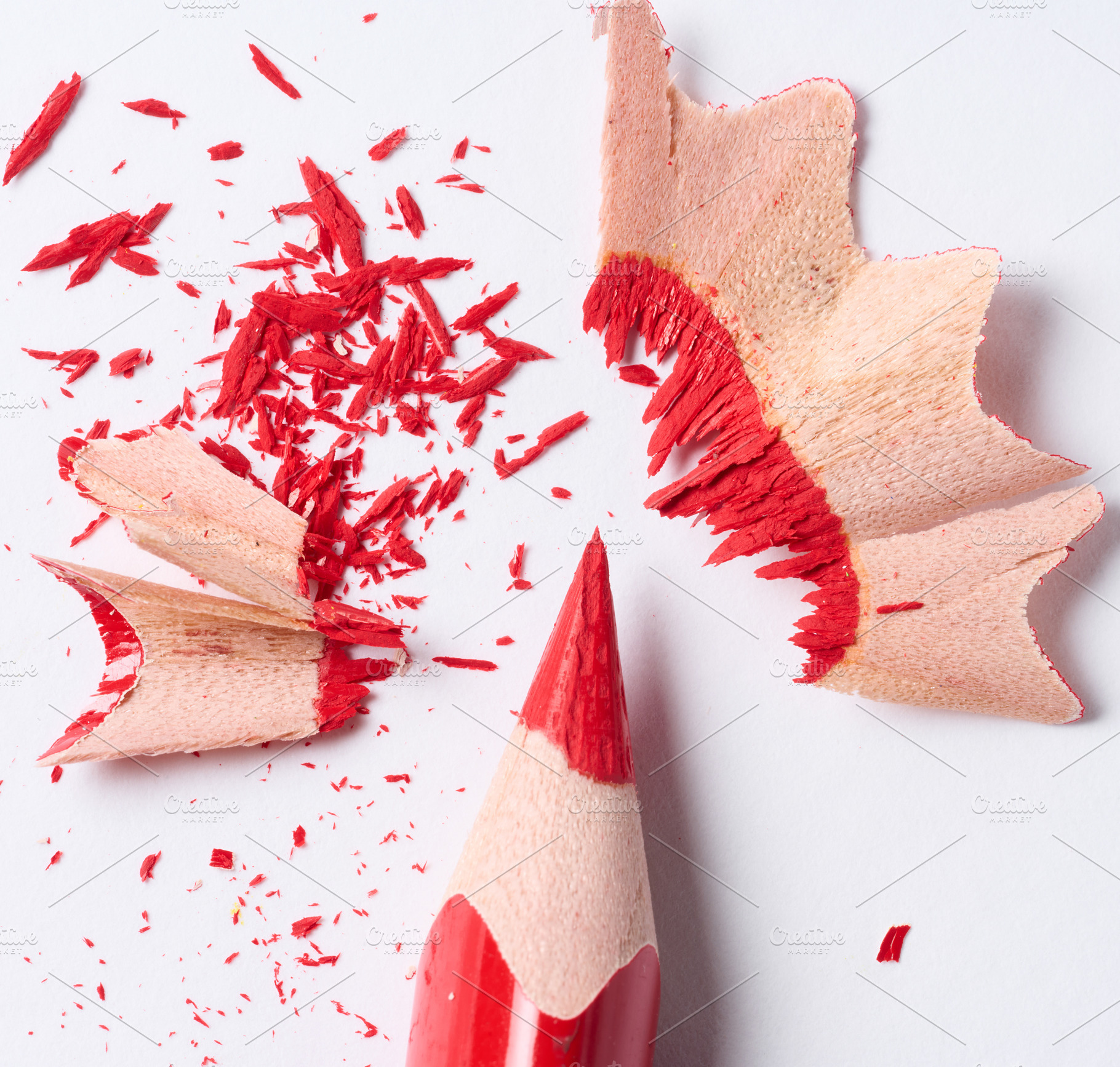 Wooden red shavings of lead pencil on white background, top view, an Abstract Photo by ndanko
