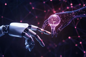 Human hand and robotic hand reaching, a Photo by Tanuart