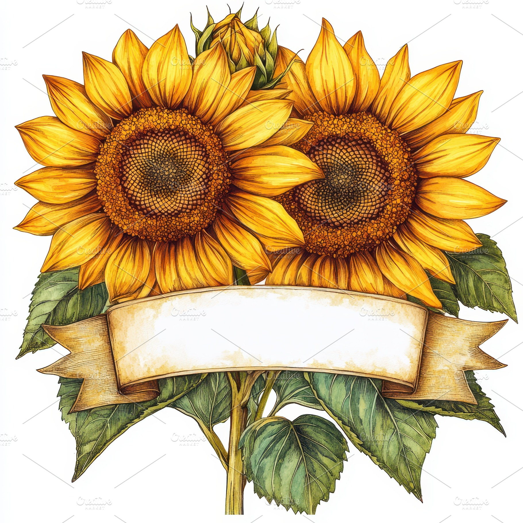 Two Sunflowers with Blank Banner Bot, an Abstract Photo by Pixeness Studio