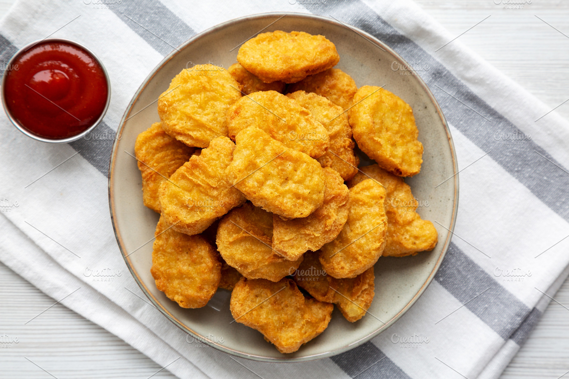 Homemade Chicken Nuggets with Ketchup, top view. Flat lay, overh, a Food & Drink Photo by LiudmylaChuhunova