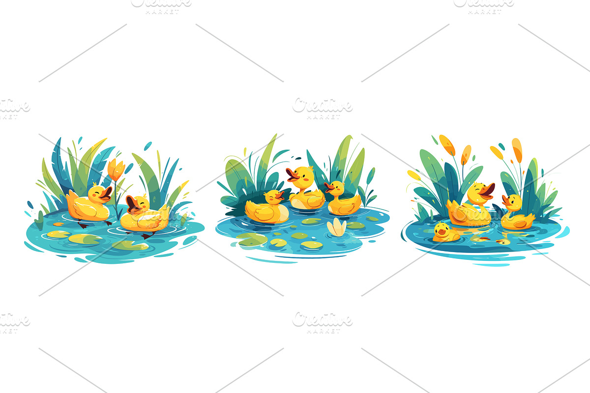 Ducklings in pond. Cute yellow baby, an Animal Illustration by Stock-Smart-Start