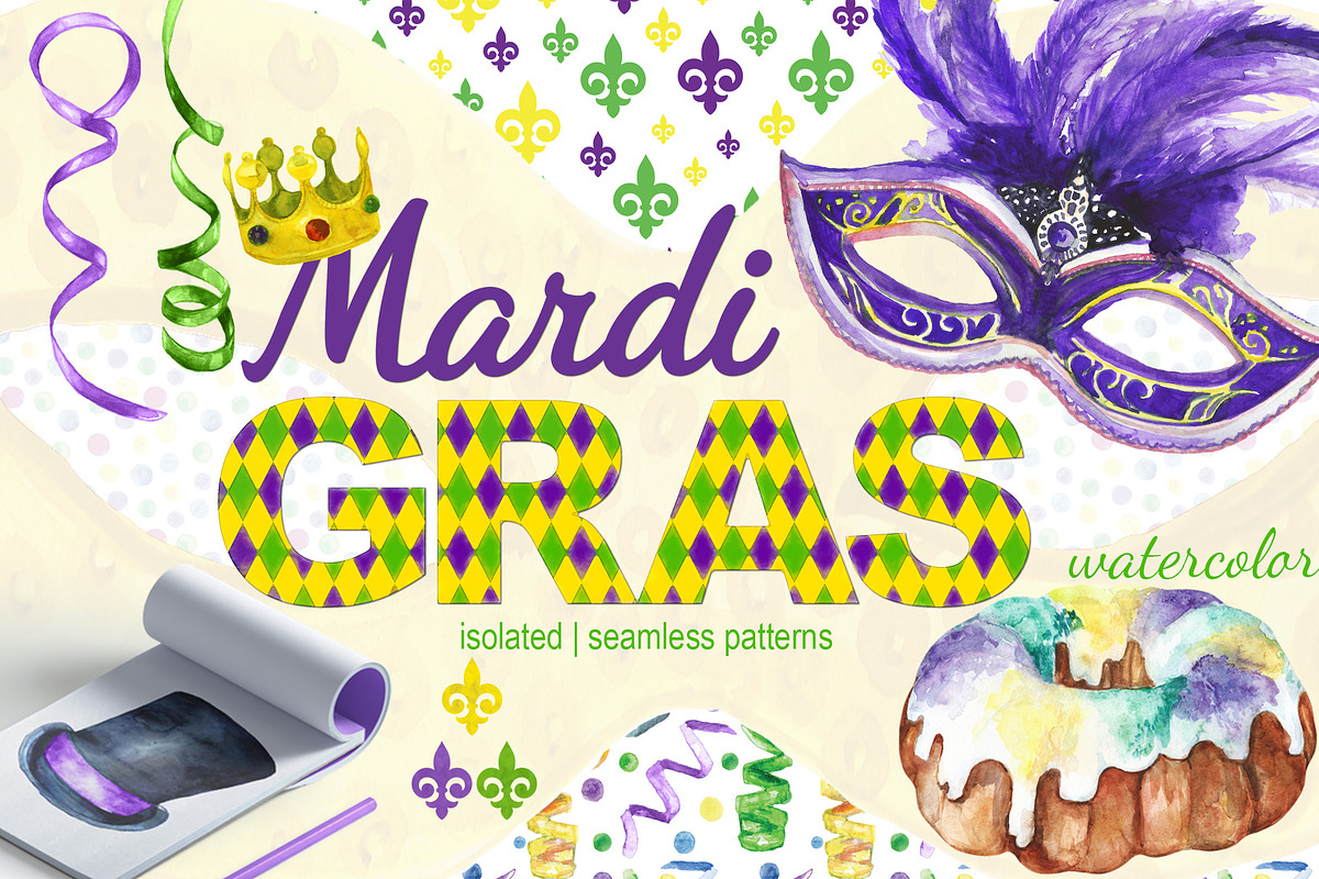 Mardi Gras watercolor set, an Illustration by DollyPotterson (Photo 1 of 7)
