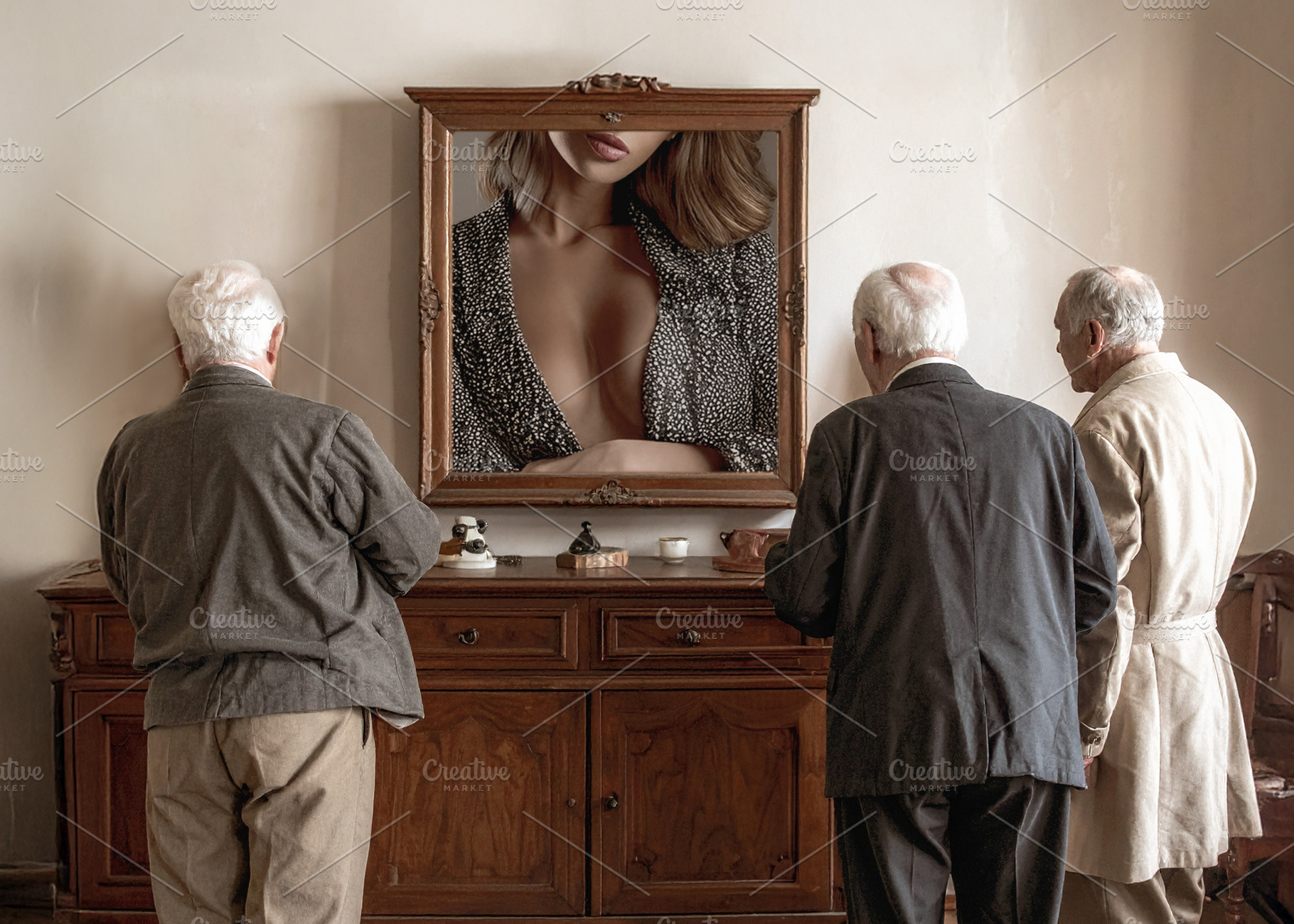Three old men watching seductive woman portrait in antique room, a Person Photo by DanFLCreativo