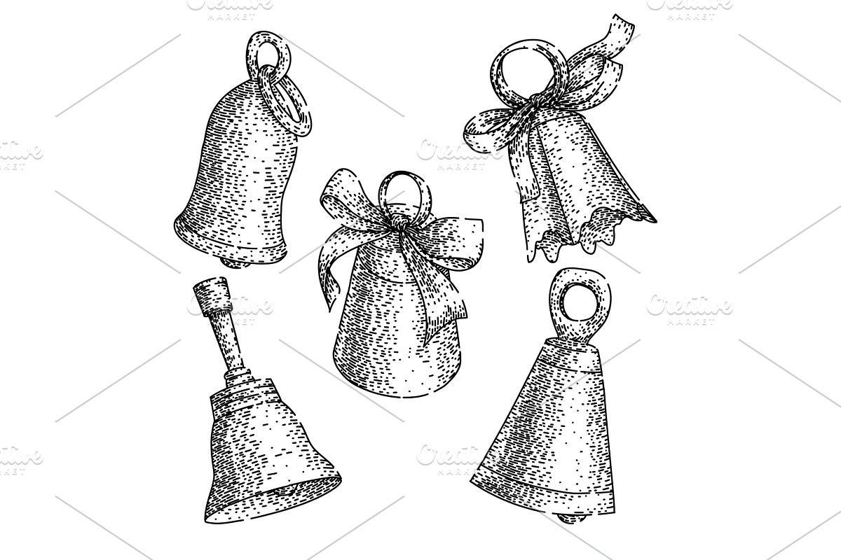 gold bell set sketch hand drawn, an Object Illustration by pikepicture