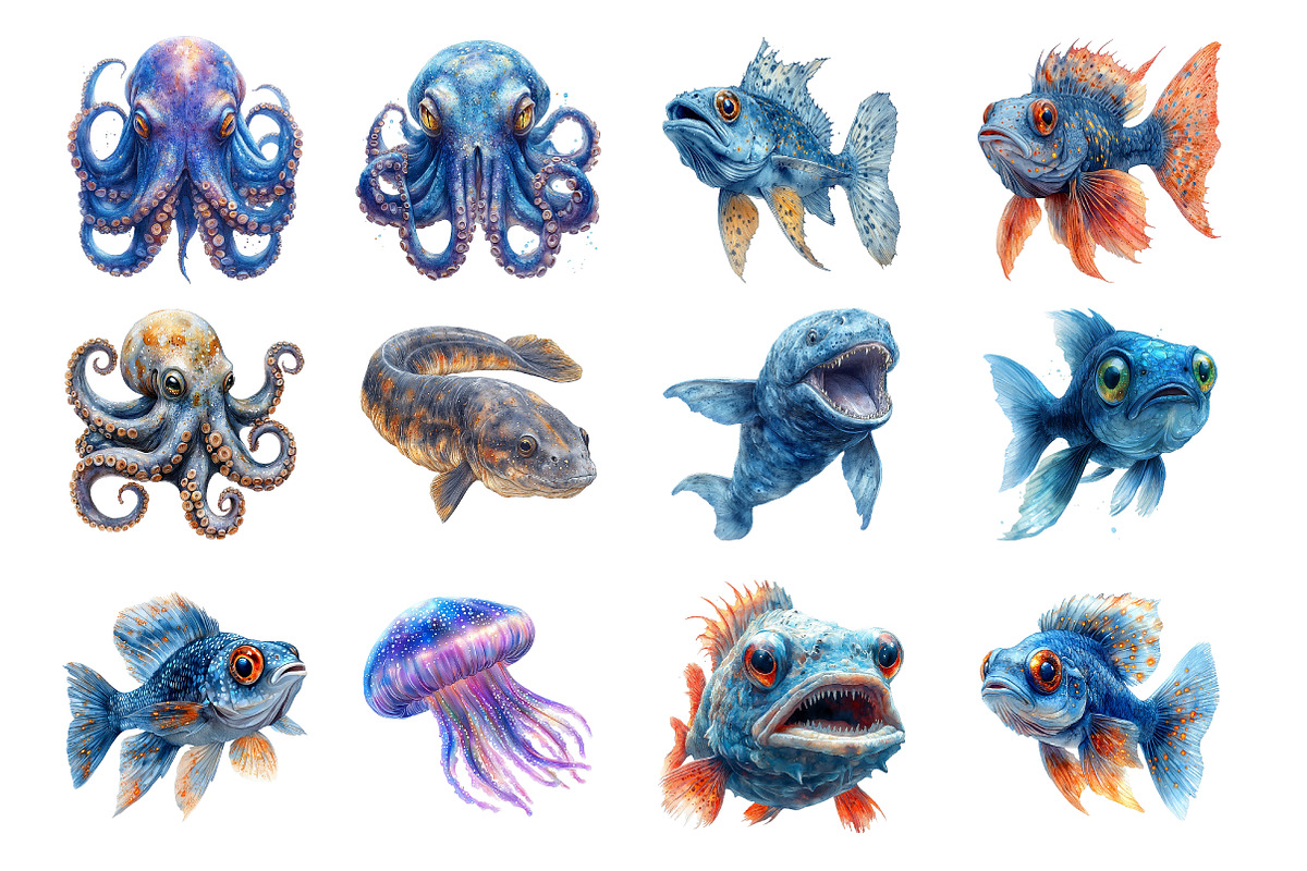 Watercolor Deep Sea CreaturesPNG, an Illustration by SinaCreation (Photo 3 of 5)