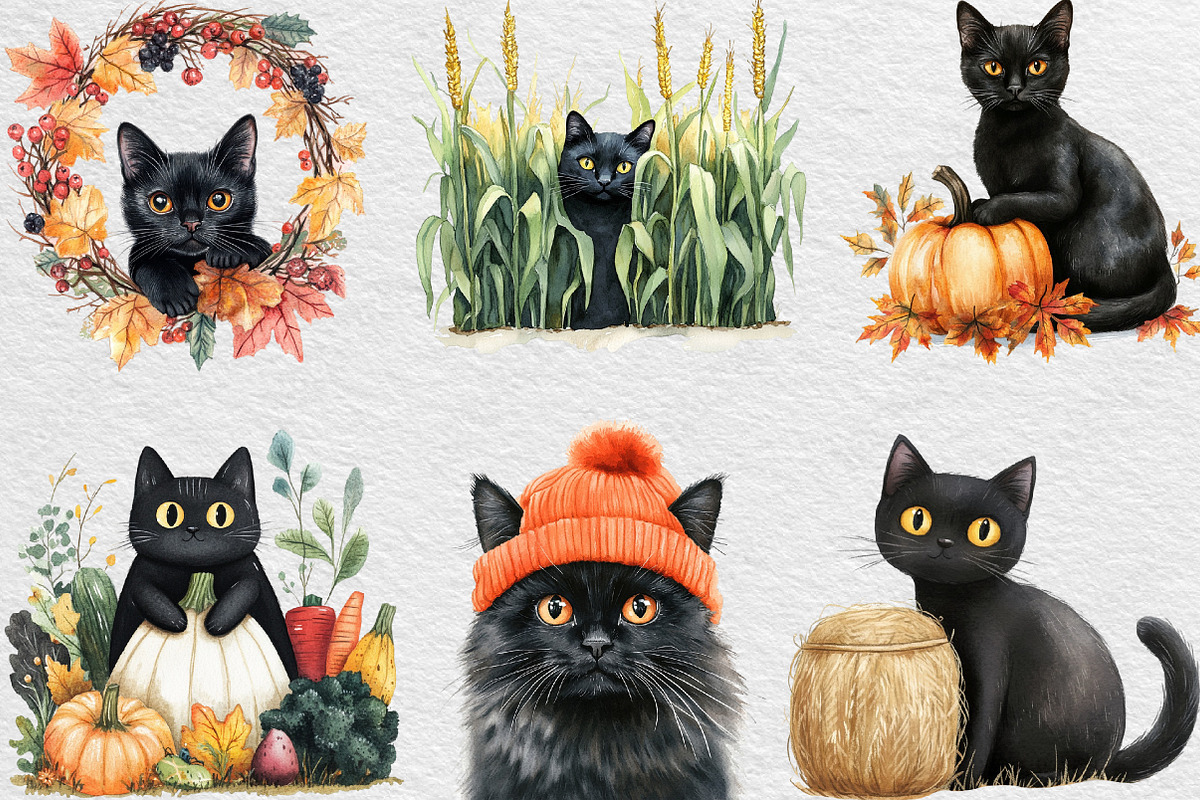 Fall Autumn Black Cat Clipart, an Illustration by Black Bird Studio (Photo 5 of 6)