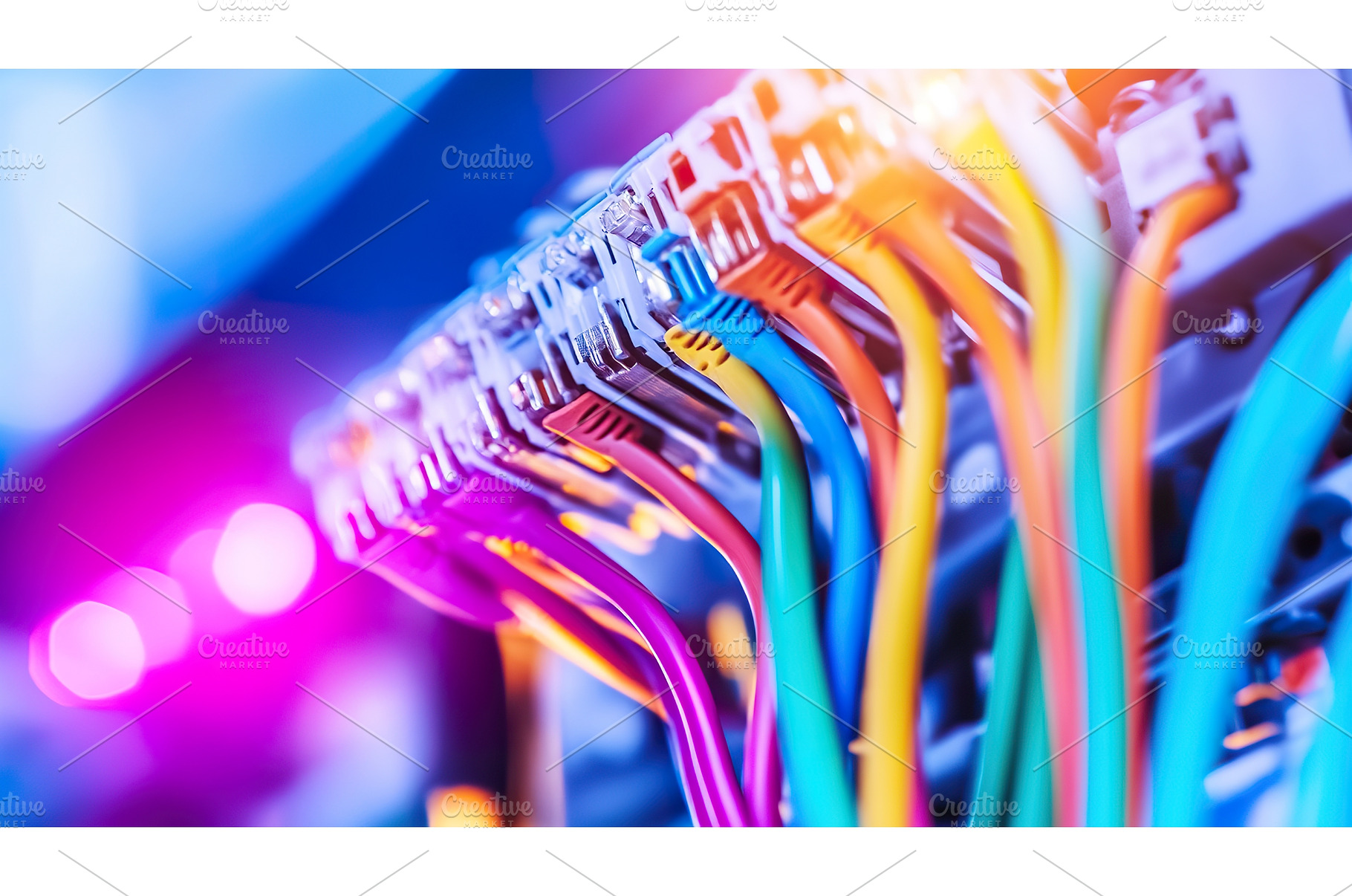Colorful network cables connected in, a Technology Photo by Lermont51