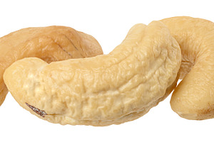 Three whole light cream colored cashew nut kernels on an isolate, a Food & Drink Photo by ndanko