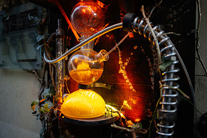 Vintage alchemy laboratory apparatus illuminated with vibrant orange glowing li, a Photo by AS photostudio