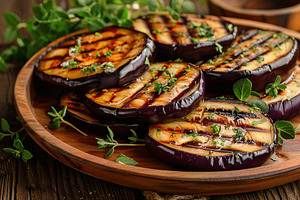 Grilled eggplants in plate on wooden table, a Food & Drink Photo by AlyaAnd