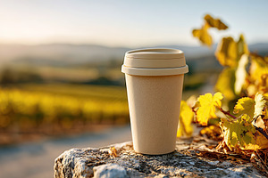 Coffee cup mockup on a rustic stone step with a scenic landscape in the backgro, a Food & Drink Photo by AlyaAnd