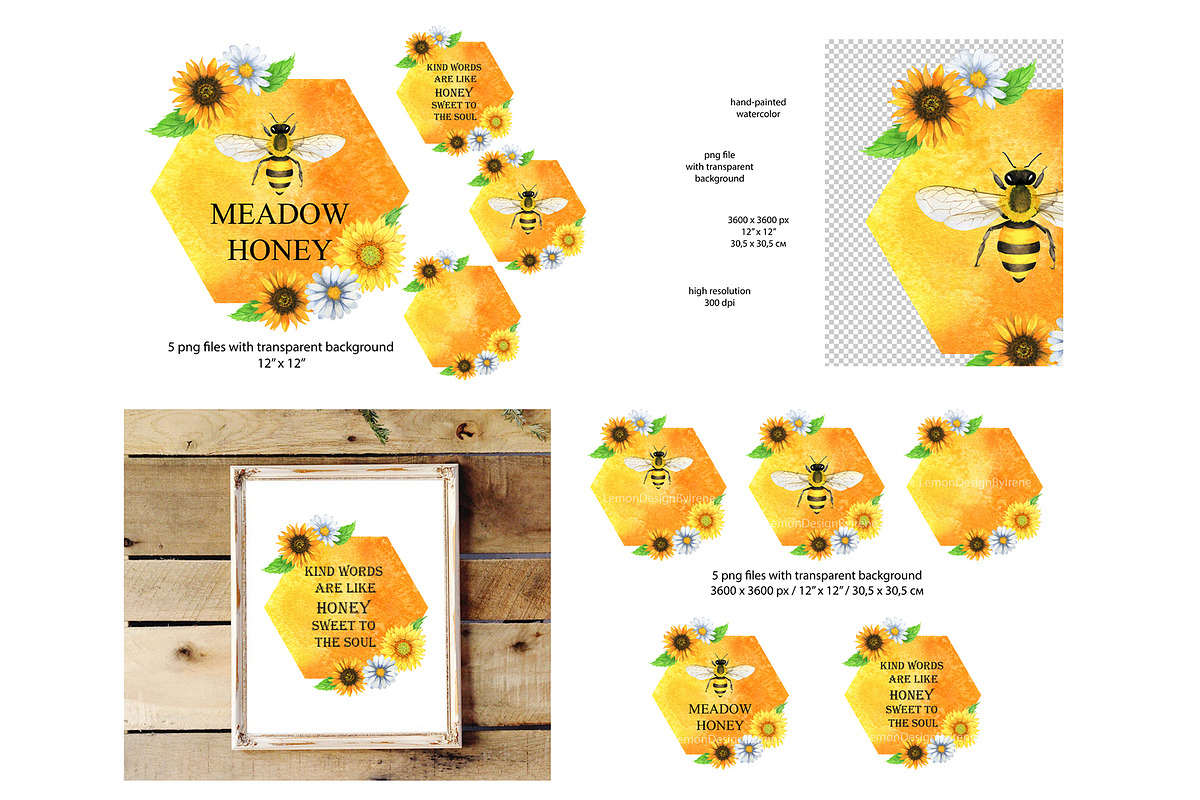 Honey Bee Watercolor Bundle, an Animal Illustration by Lemon design (Photo 7 of 10)