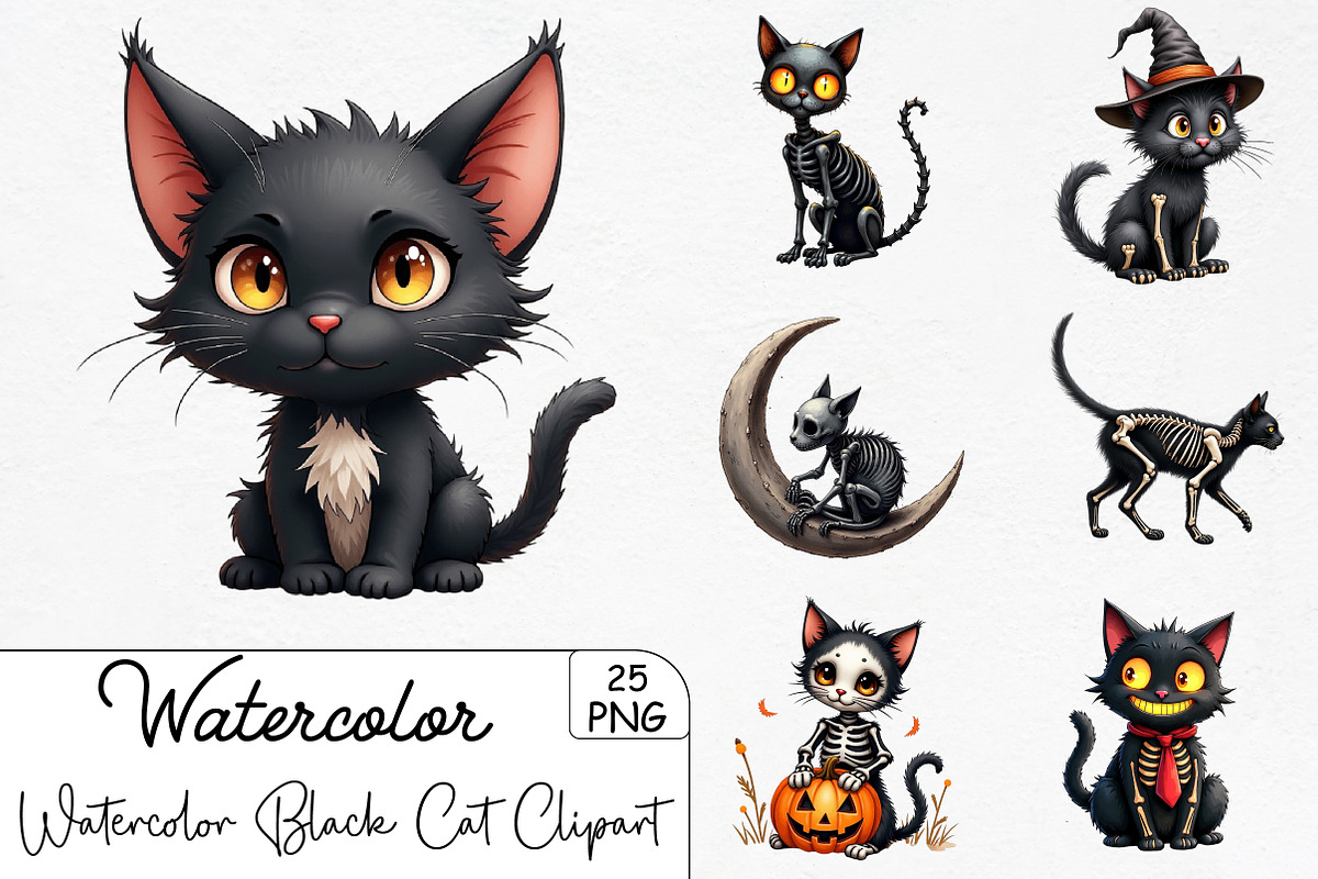 Watercolor Skeleton Black Cat Clipar, an Illustration by CrexoraLab (Photo 1 of 5)