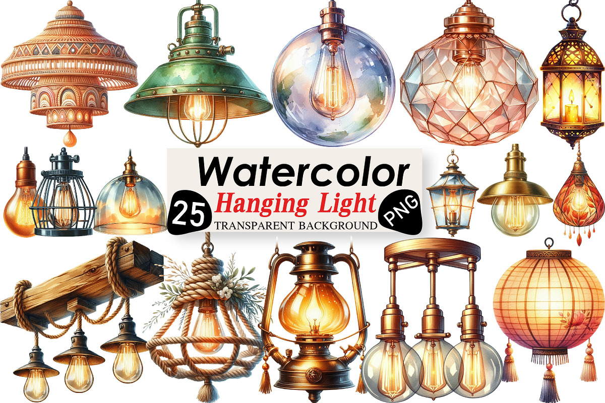 Watercolor Hanging Light Clipart, an Illustration by Black Bird Studio (Photo 1 of 6)