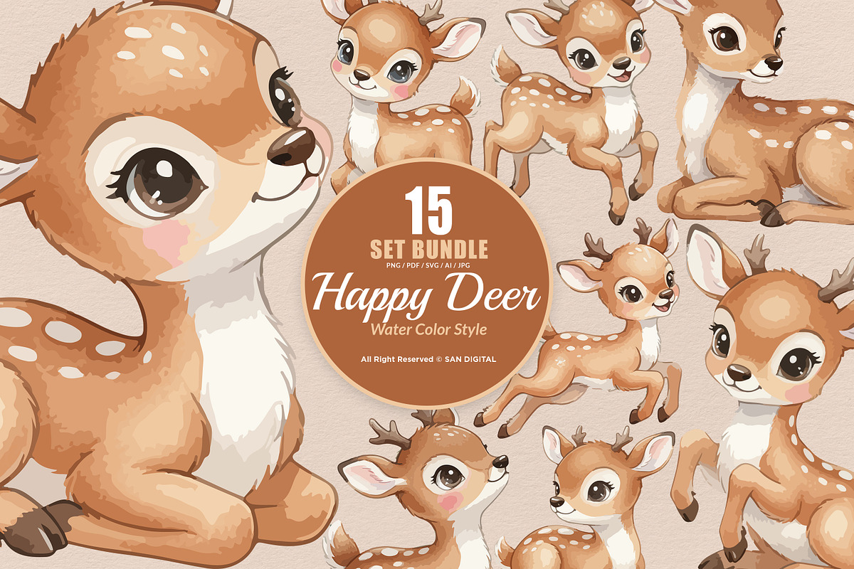 15 Bundle Watercolor Happy Deer Stag, an Animal Illustration by Morspective (Photo 1 of 8)