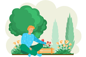 Guy gardening plants on backyard, an Object Illustration by TopVector
