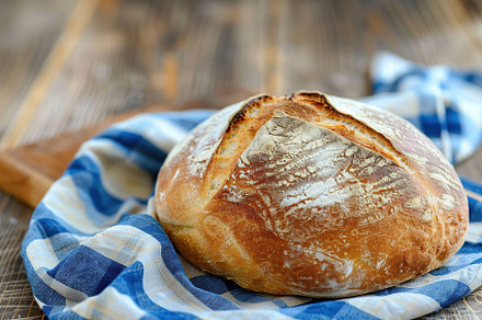 Freshly baked bread with blue napkin on wooden table, a Food & Drink Photo by AlyaAnd
