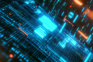 Futuristic digital circuit board with blue and orange lights, an Abstract Photo by Natalia Klenova's Shop