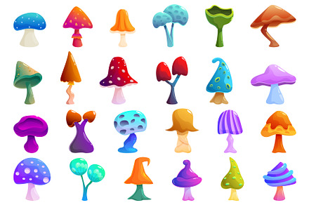 Fantasy mushrooms icons set cartoon, an Object Illustration by Ylivdesign