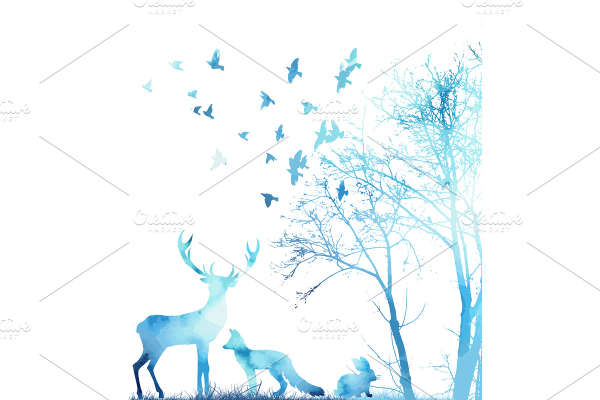 Blue trees with forest animals and, an Illustration by Nenahliadava Design