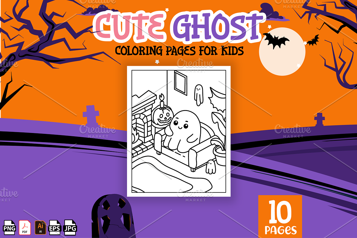 Cute Ghost Coloring Pages for Kids, a Seasonal Illustration by MK.CreativeHub (Photo 2 of 3)