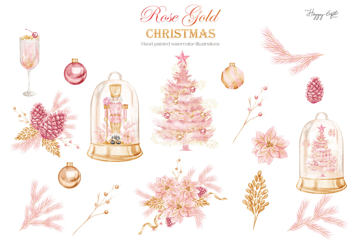 Rose Gold Christmas Cliparts, an Illustration by TheHappyGiftArt (Photo 3 of 7)