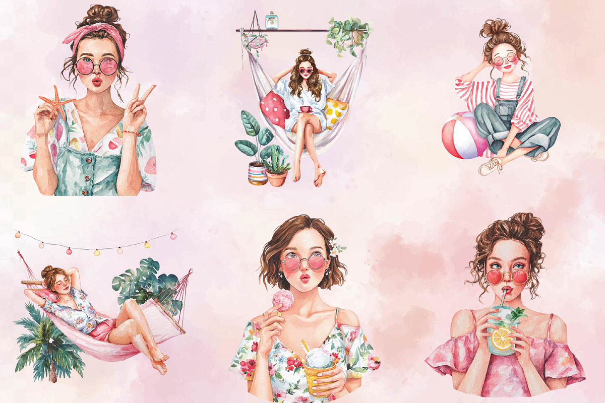 Watercolor Girly Summer Clipart, an Illustration by SVGArt (Photo 4 of 9)