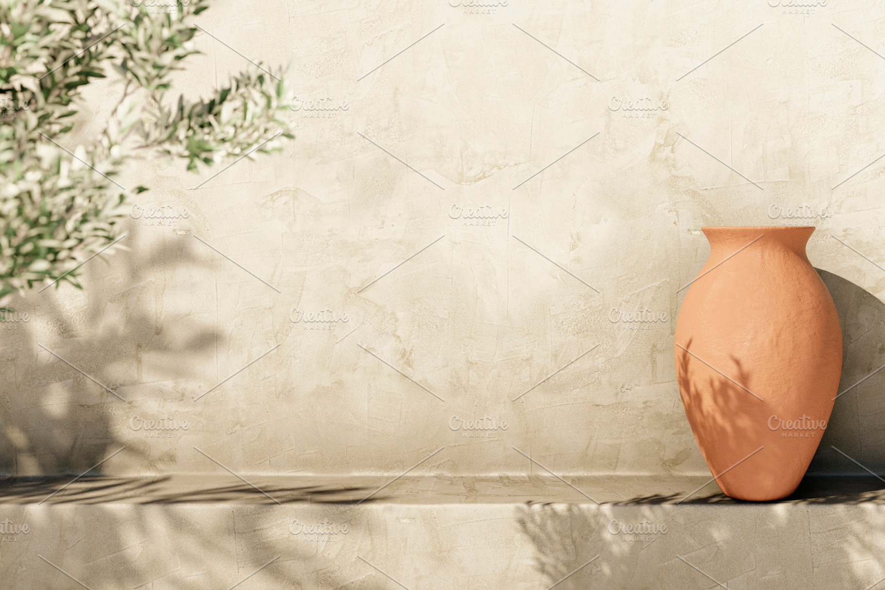 Olive tree shadow on beige wall, pot, an Arts & Entertainment Photo by hitdelight