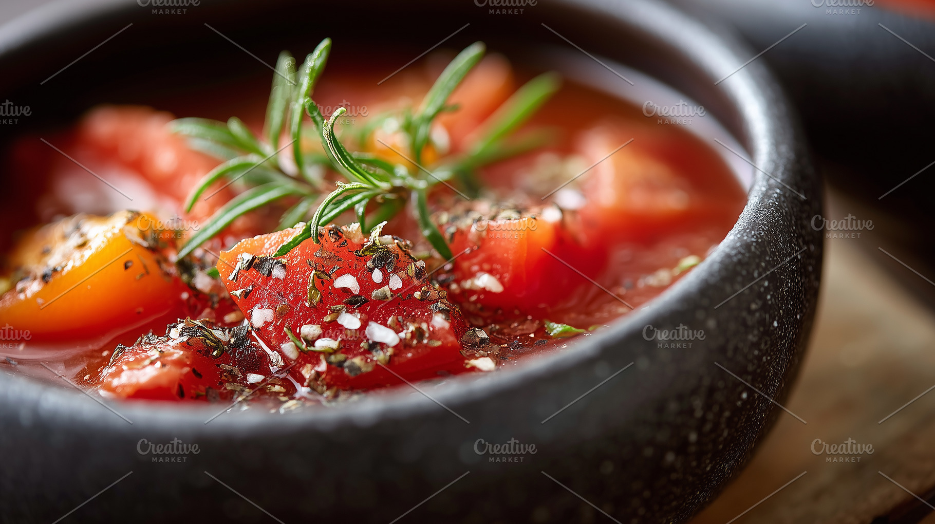 Close up of spicy tomato soup with, a Food & Drink Photo by MistyDay