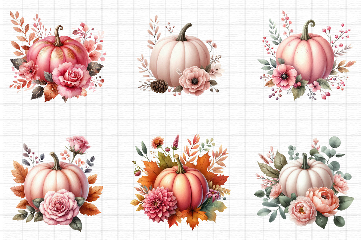 Fall Pink Floral Pumpkin Clipart, an Illustration by cherrydesign (Photo 3 of 4)