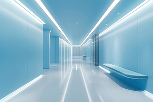 Empty modern hospital corridor with benches, a Photo by AlyaAnd