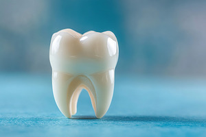 Big white tooth model on blue background, a Health & Medical Photo by AlyaAnd